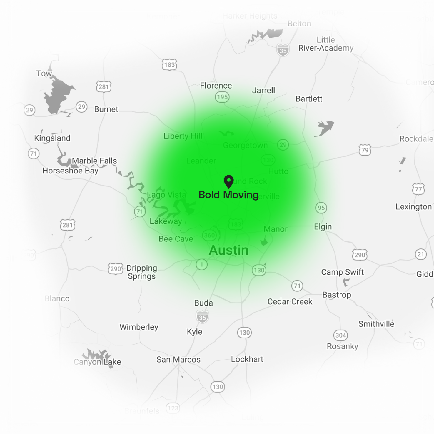 Map of Austin, TX service area